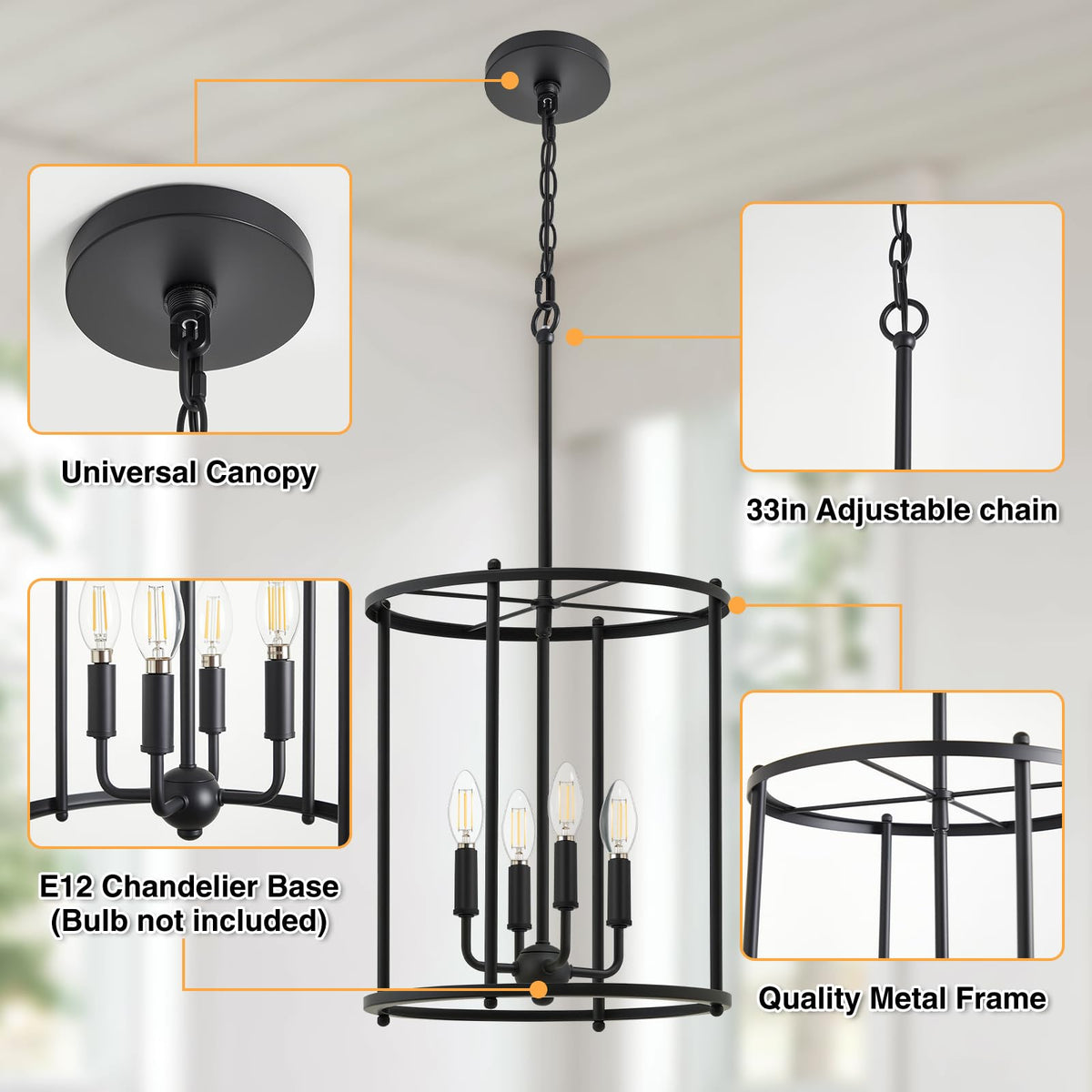 Black 4-Light Lantern Ceiling Light Fixture L935