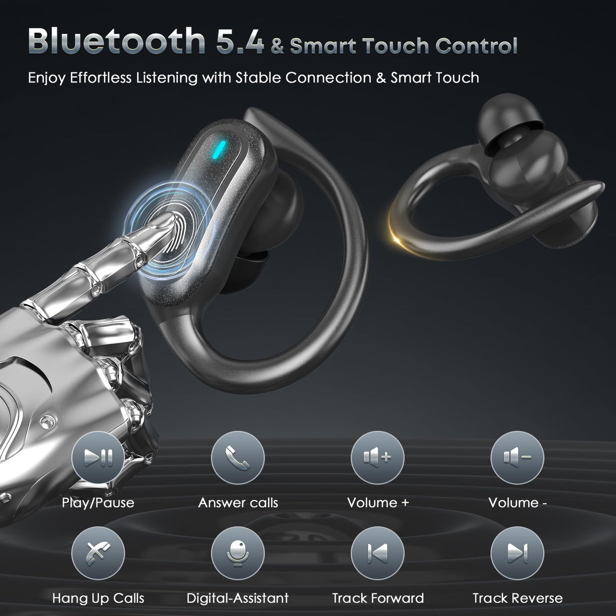 Black Wireless Earbuds with Earhooks E743