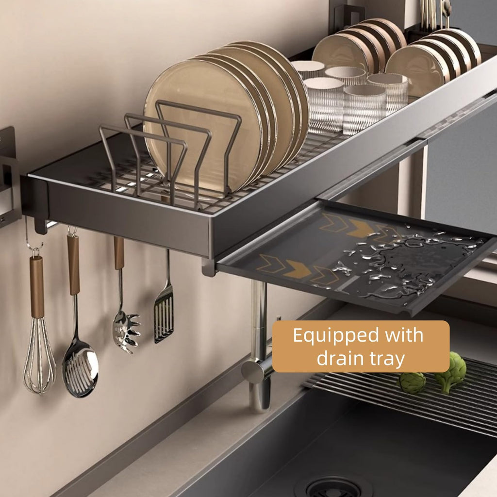 Wall-Mounted Stainless Steel Dish Drying Rack with Cutlery Holder V6862