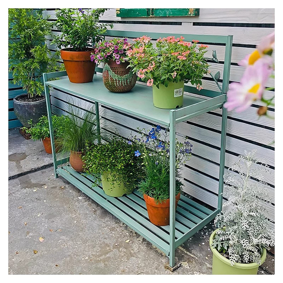 Green Metal Potting Bench with 2-Tier Open Shelf U3872