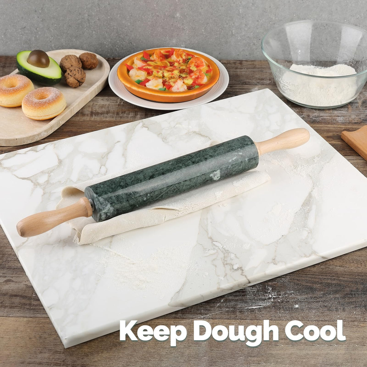 Natural Marble Rolling Pin with Mat and Scraper I279656