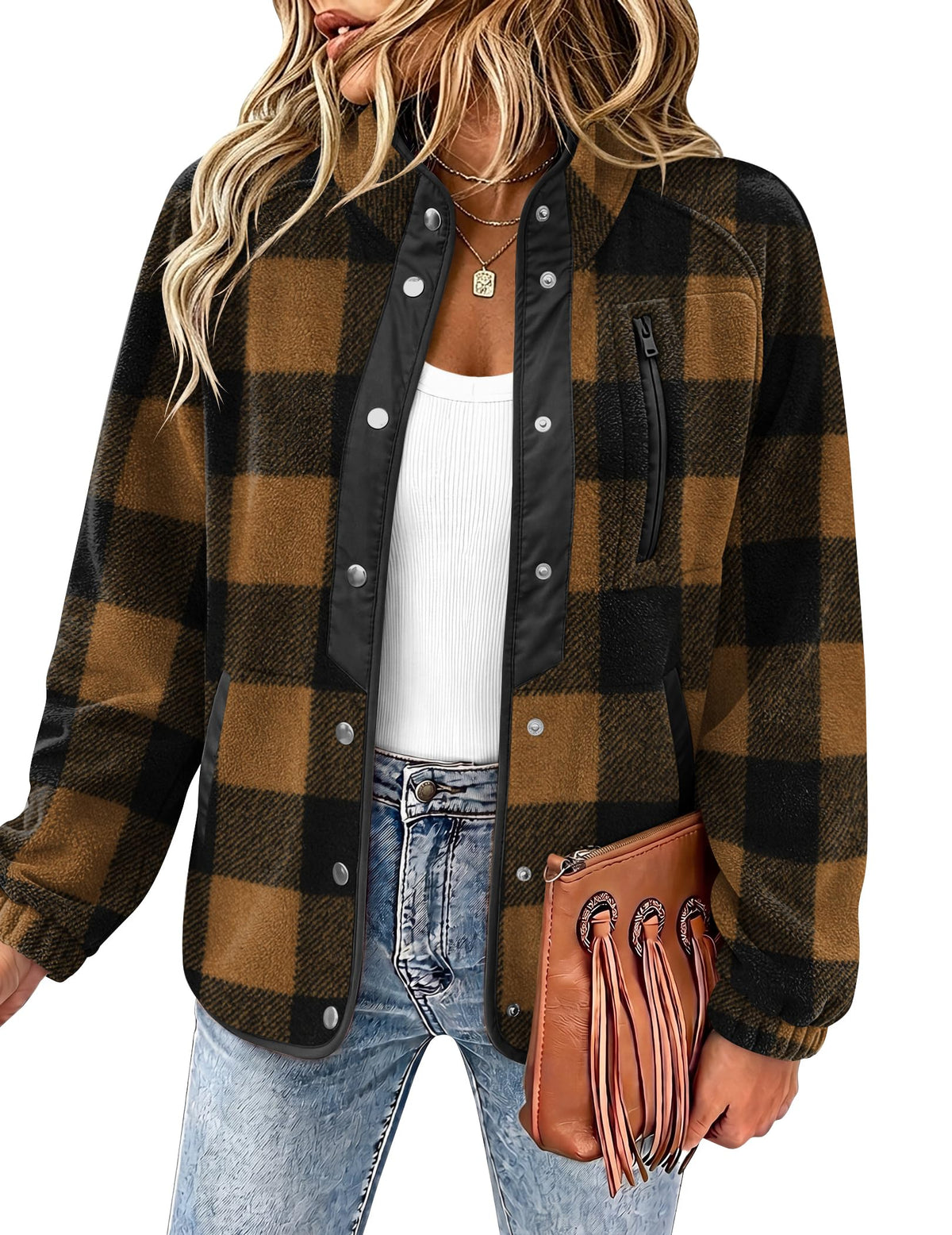 Fleece Jacket Aztec Print Snap Button Down Outerwear V69733
