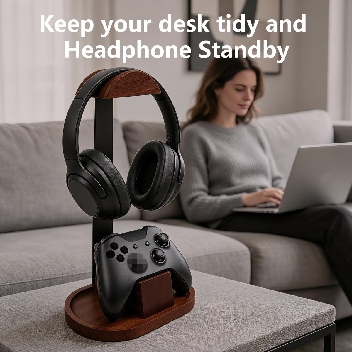 Wooden Headphone Stand with Storage Base W76596