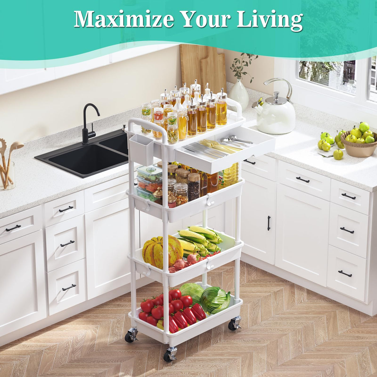 4 Tier Rolling Cart with Drawer, White D273