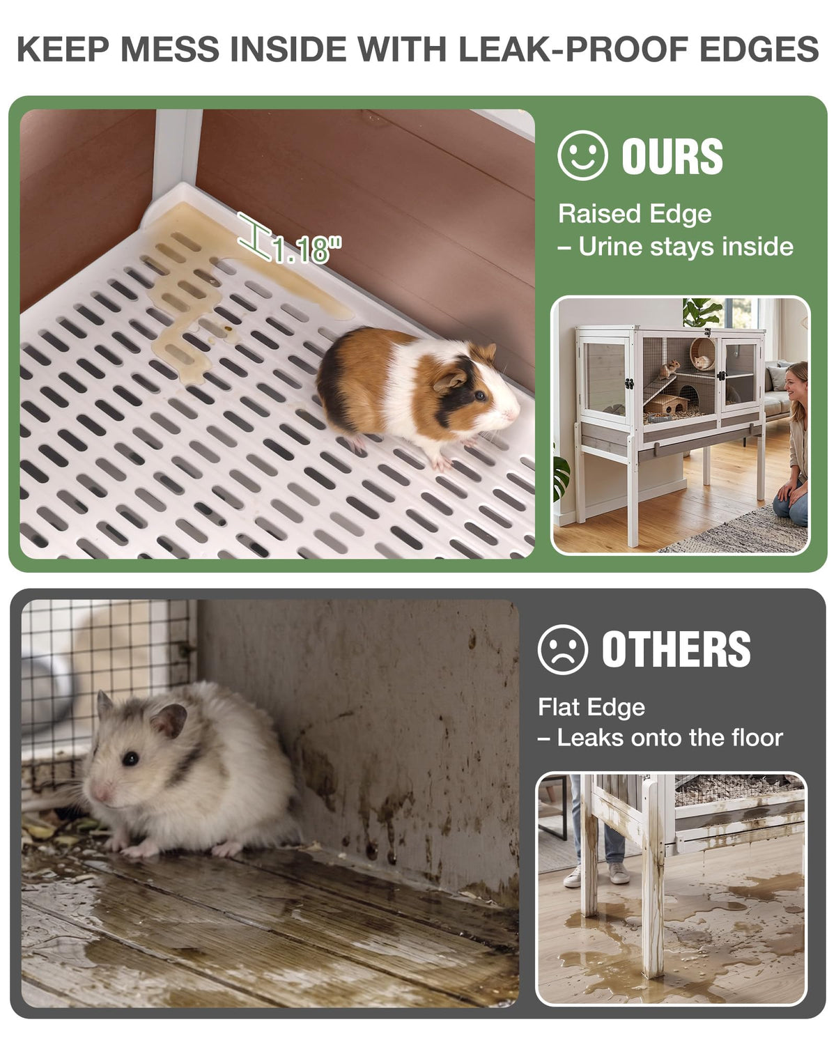 Guinea Pig Cage with Wooden Stand, Anti Chew Ramp, Hideout, Platform, Pull Out Tray Q524
