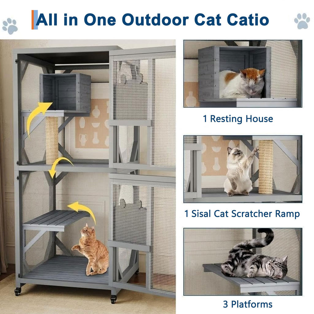 Wooden Outdoor Cat Enclosure on Wheels with Cat House V24215