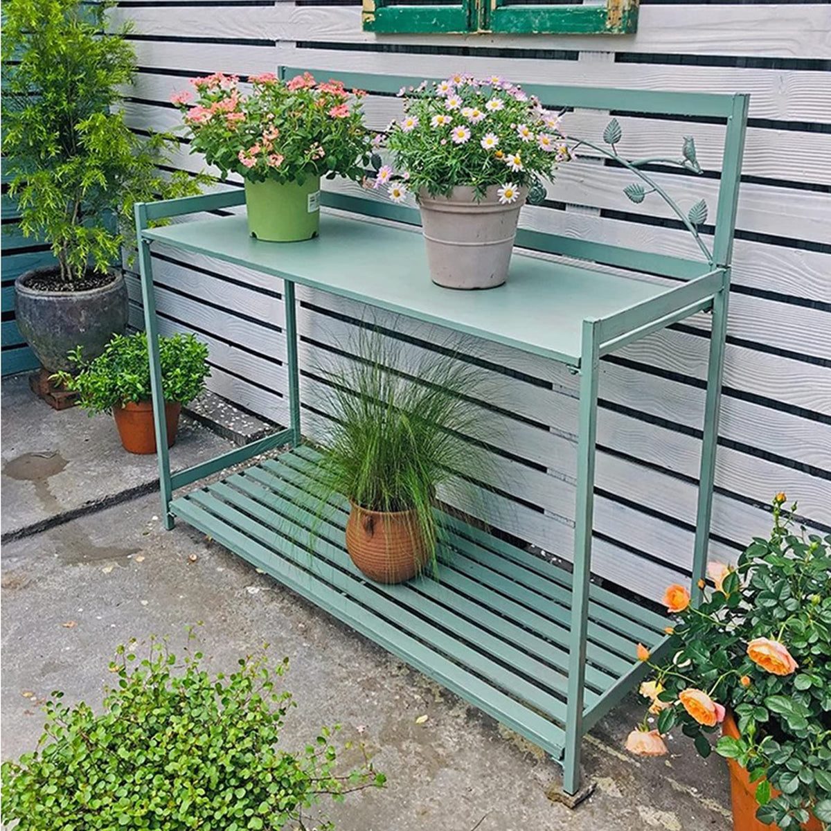Green Metal Potting Bench with 2-Tier Open Shelf U3872