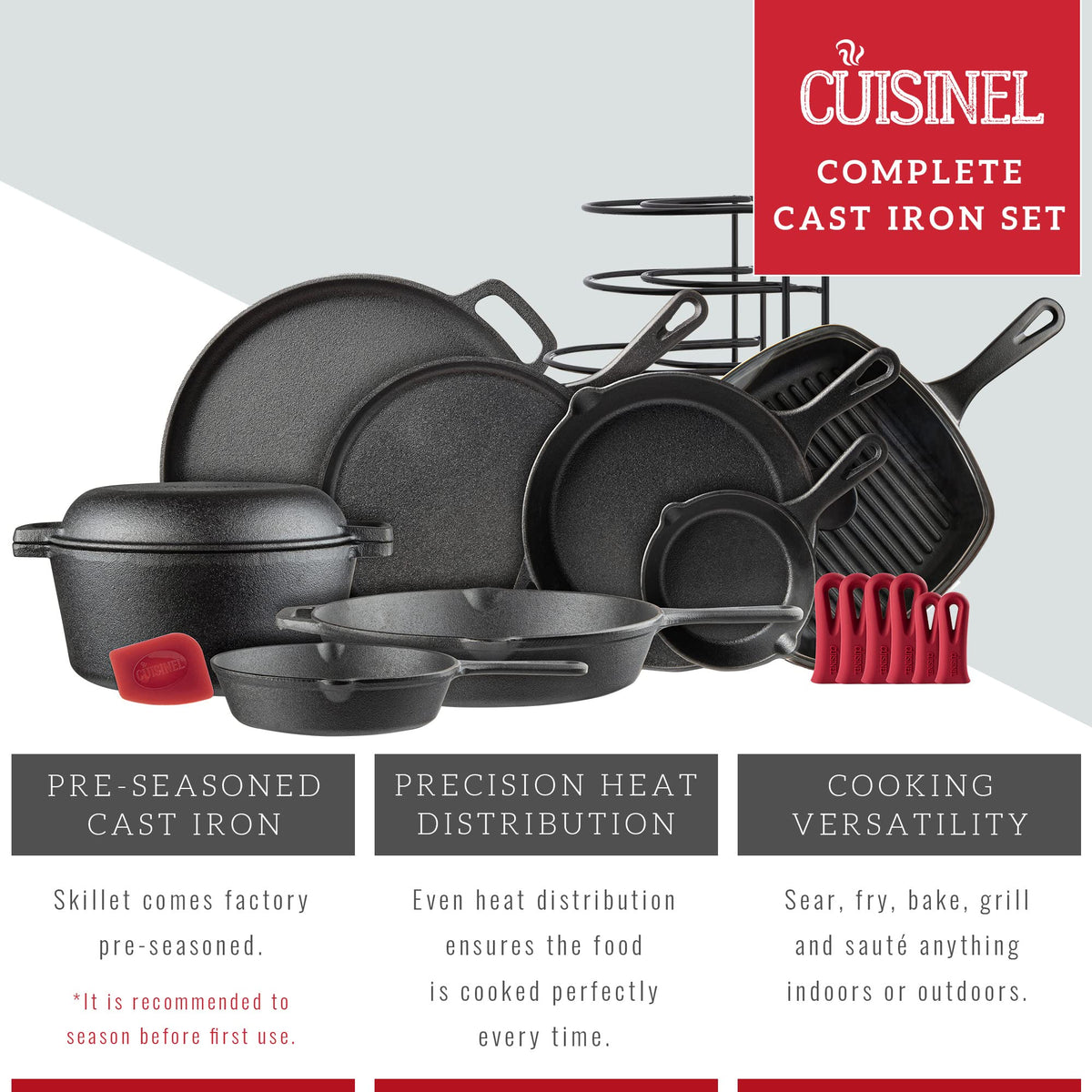 Pre-Seasoned 18-Piece Cast Iron Cookware Set A801
