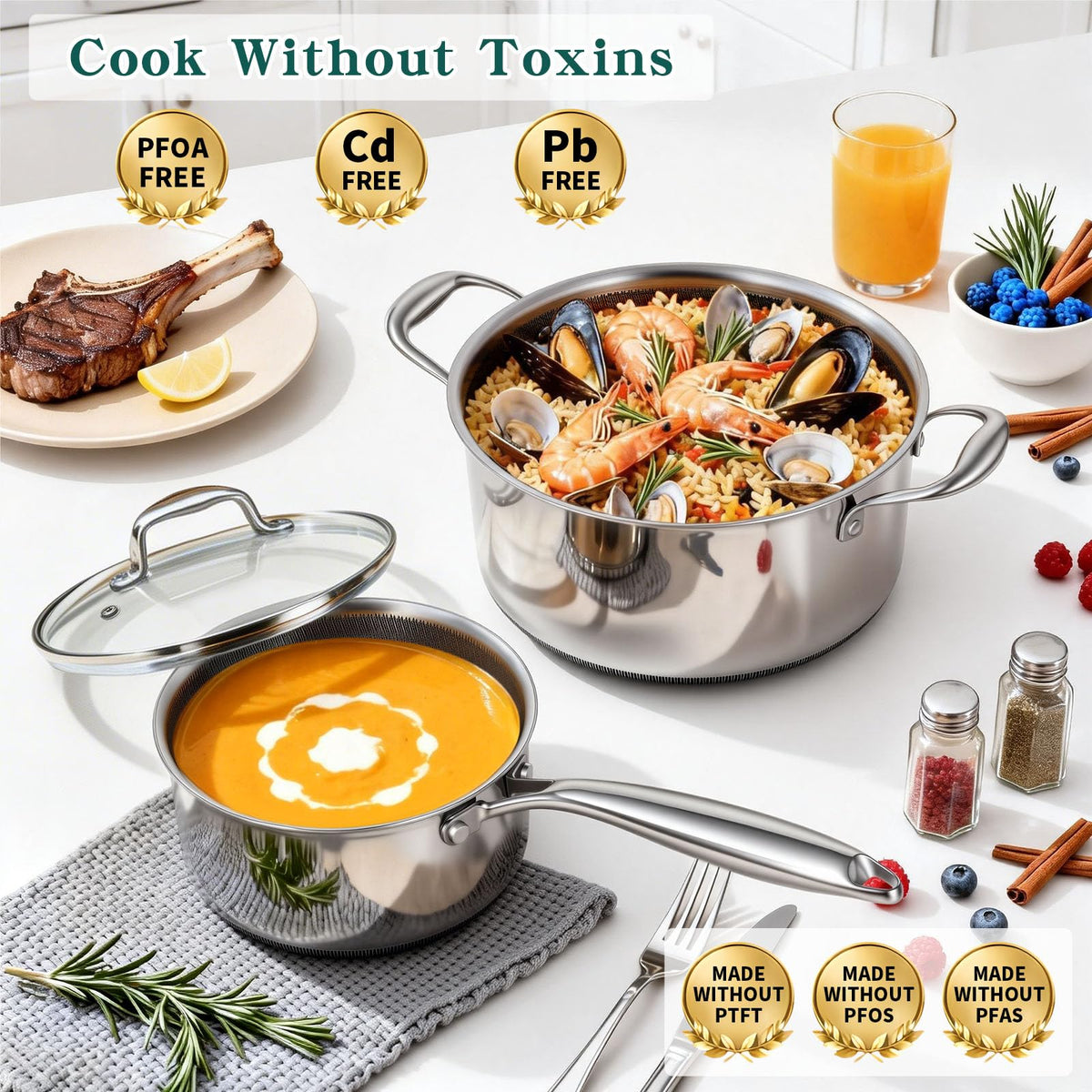 14-Piece Stainless Steel Cookware Set with 3 Silicone Trivets V4371