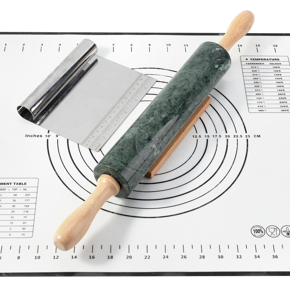 Natural Marble Rolling Pin with Mat and Scraper I279656