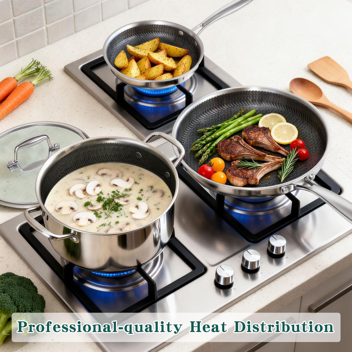 14-Piece Stainless Steel Cookware Set with 3 Silicone Trivets V4371