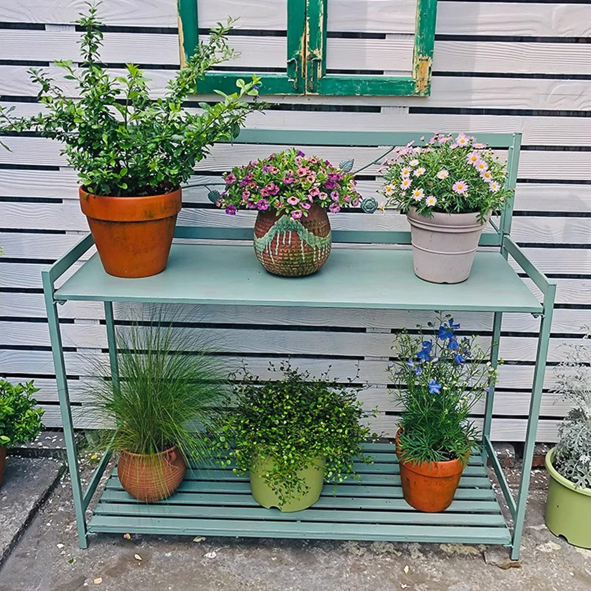 Green Metal Potting Bench with 2-Tier Open Shelf U3872