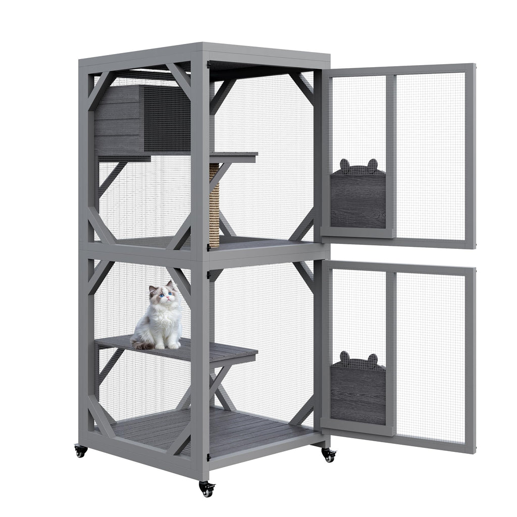 Wooden Outdoor Cat Enclosure on Wheels with Cat House V24215