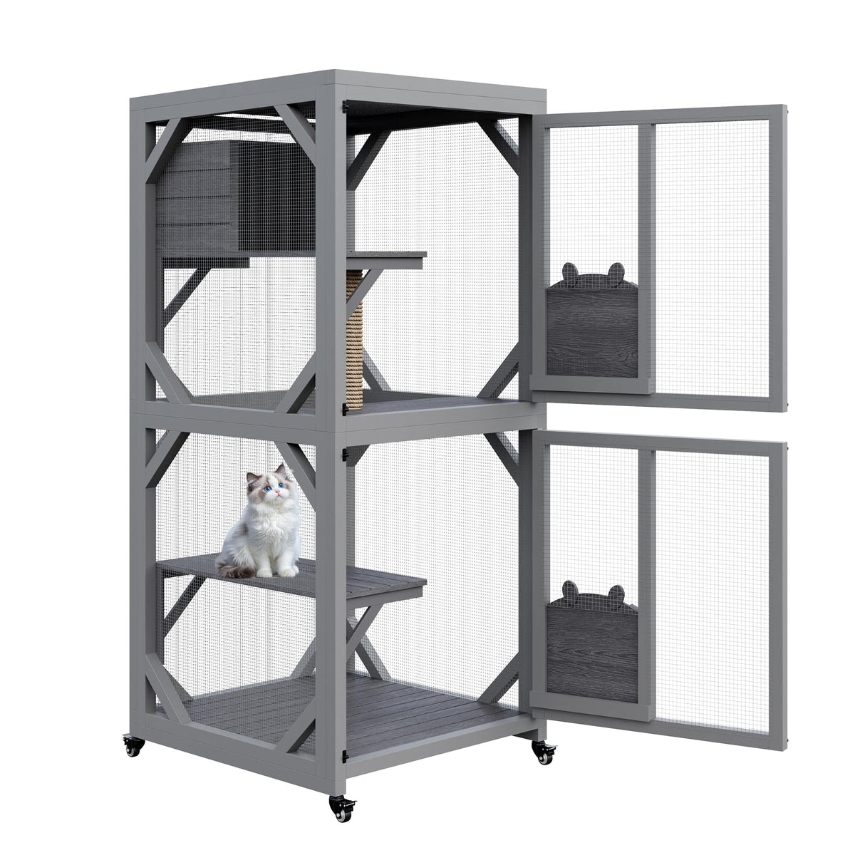 Wooden Outdoor Cat Enclosure on Wheels with Cat House V24215