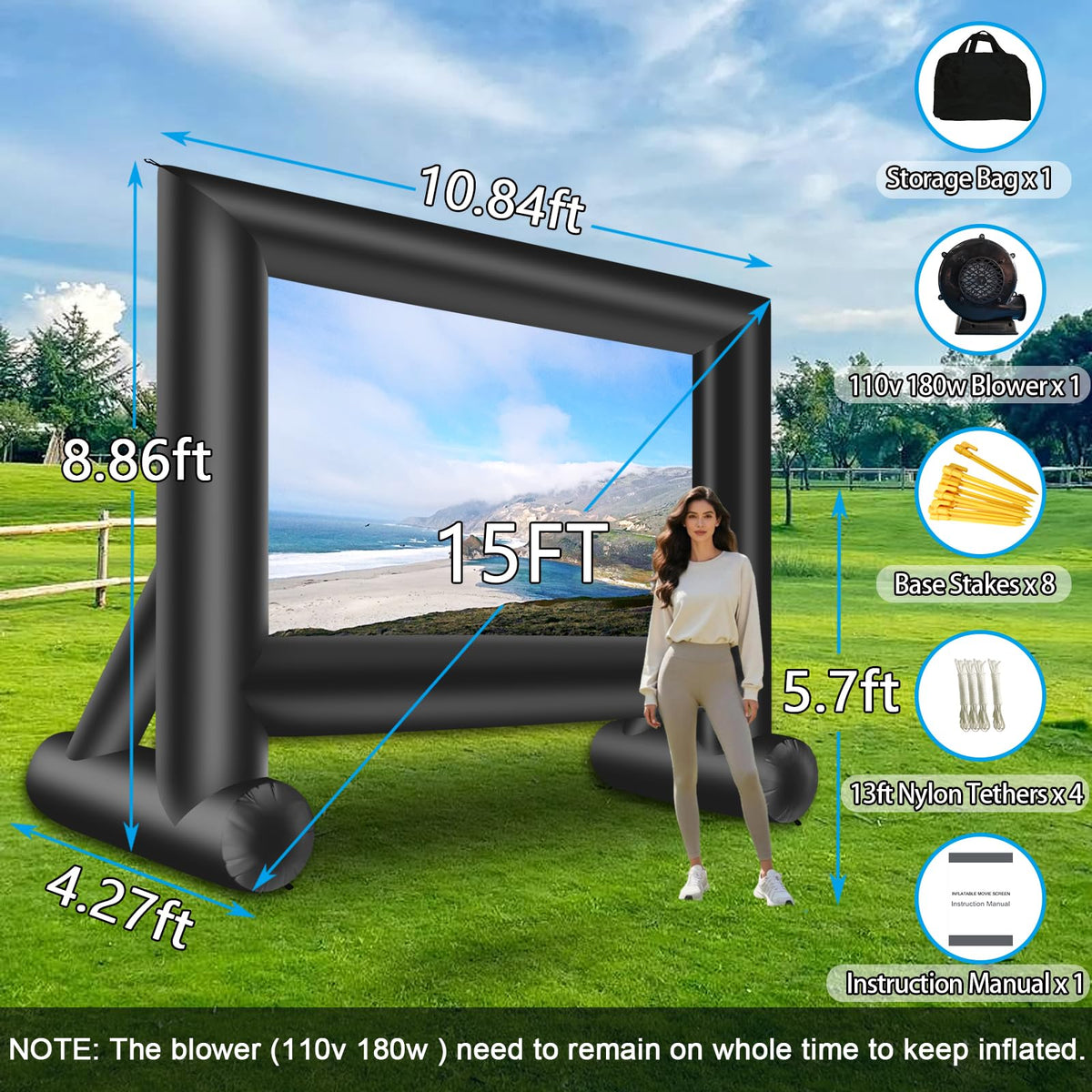 Inflatable Projector Screen 15ft with Air Blower and Storage Bag U6358