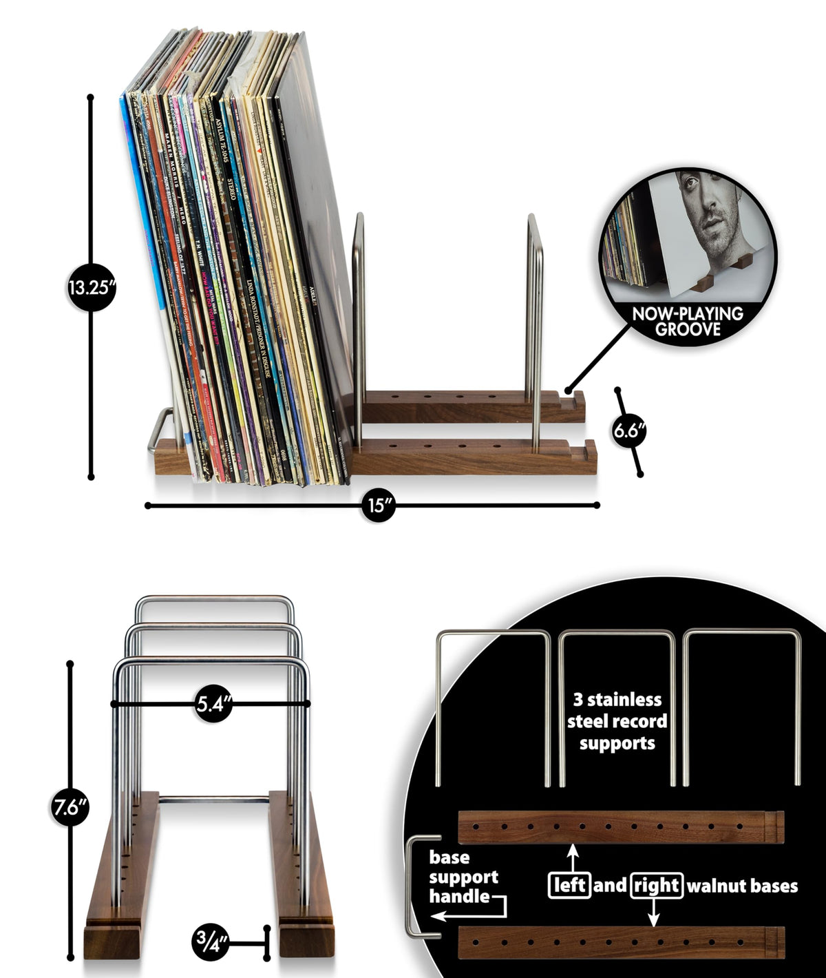 Vinyl Record Storage Holder, 75 LPs, Walnut & Steel R6462