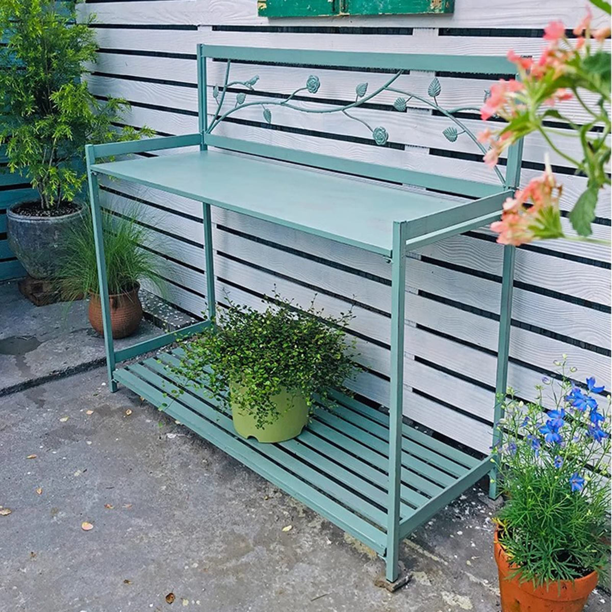 Green Metal Potting Bench with 2-Tier Open Shelf U3872
