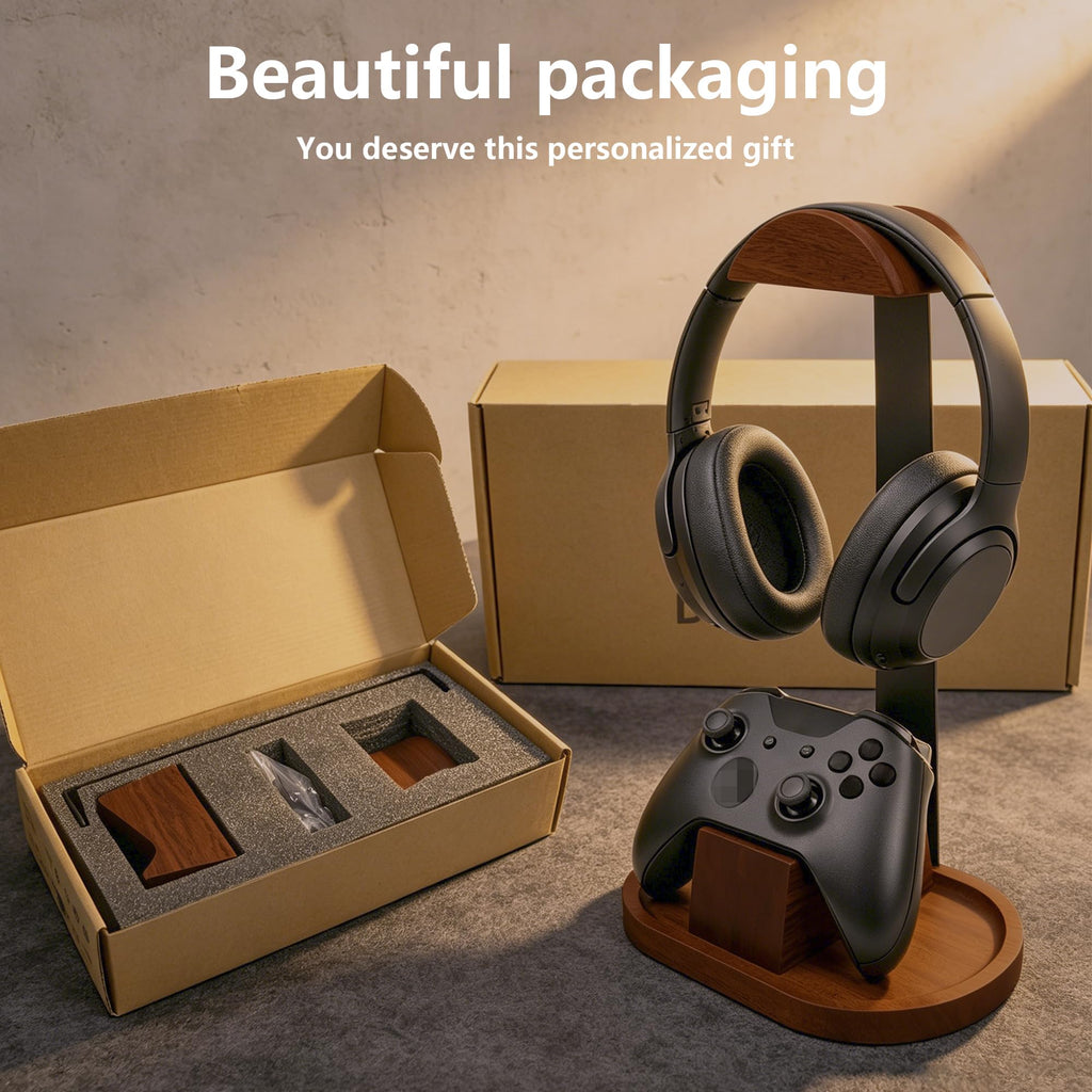 Wooden Headphone Stand with Storage Base W76596
