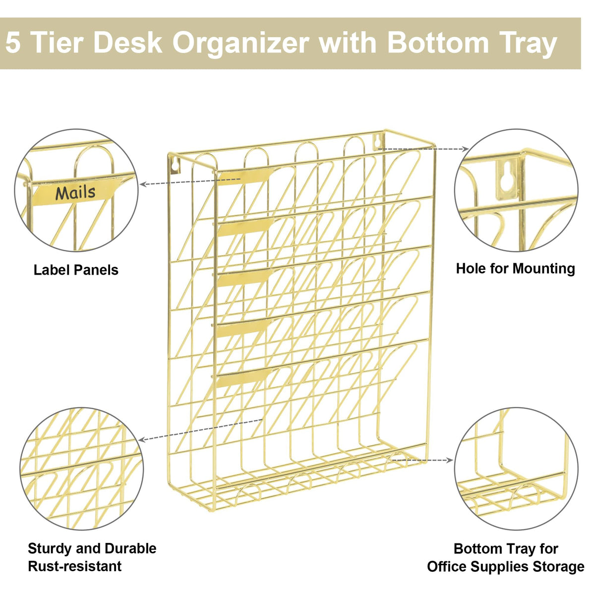 5 Tier Metal Wall File Organizer with Bottom Tray G6976