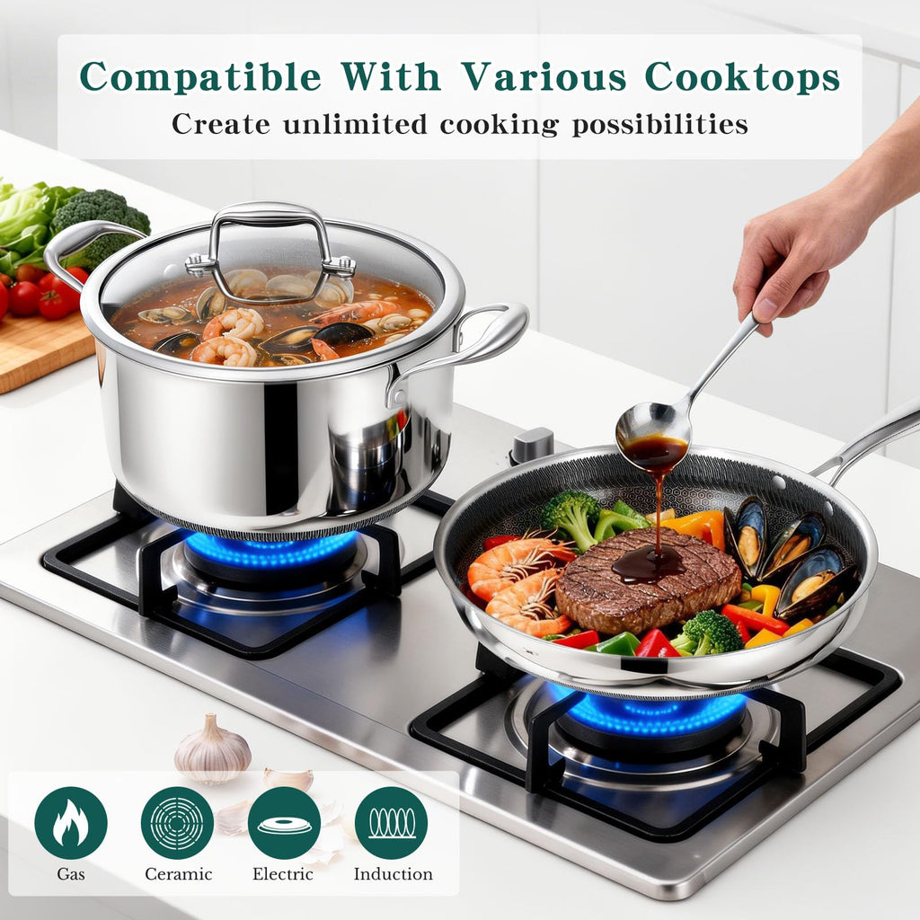 14-Piece Stainless Steel Cookware Set with 3 Silicone Trivets V4371