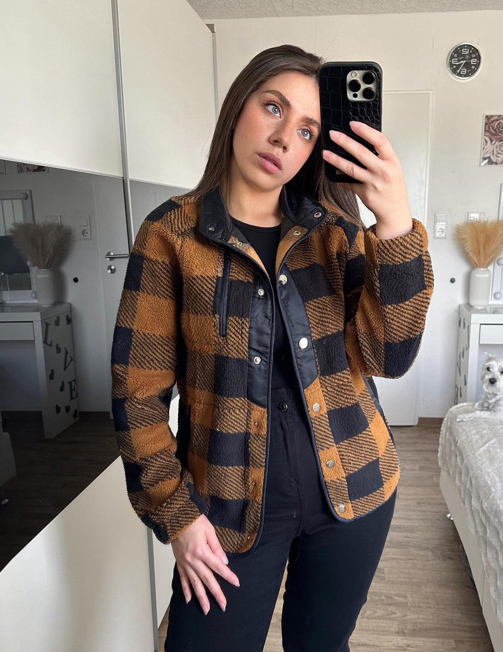 Fleece Jacket Aztec Print Snap Button Down Outerwear V69733