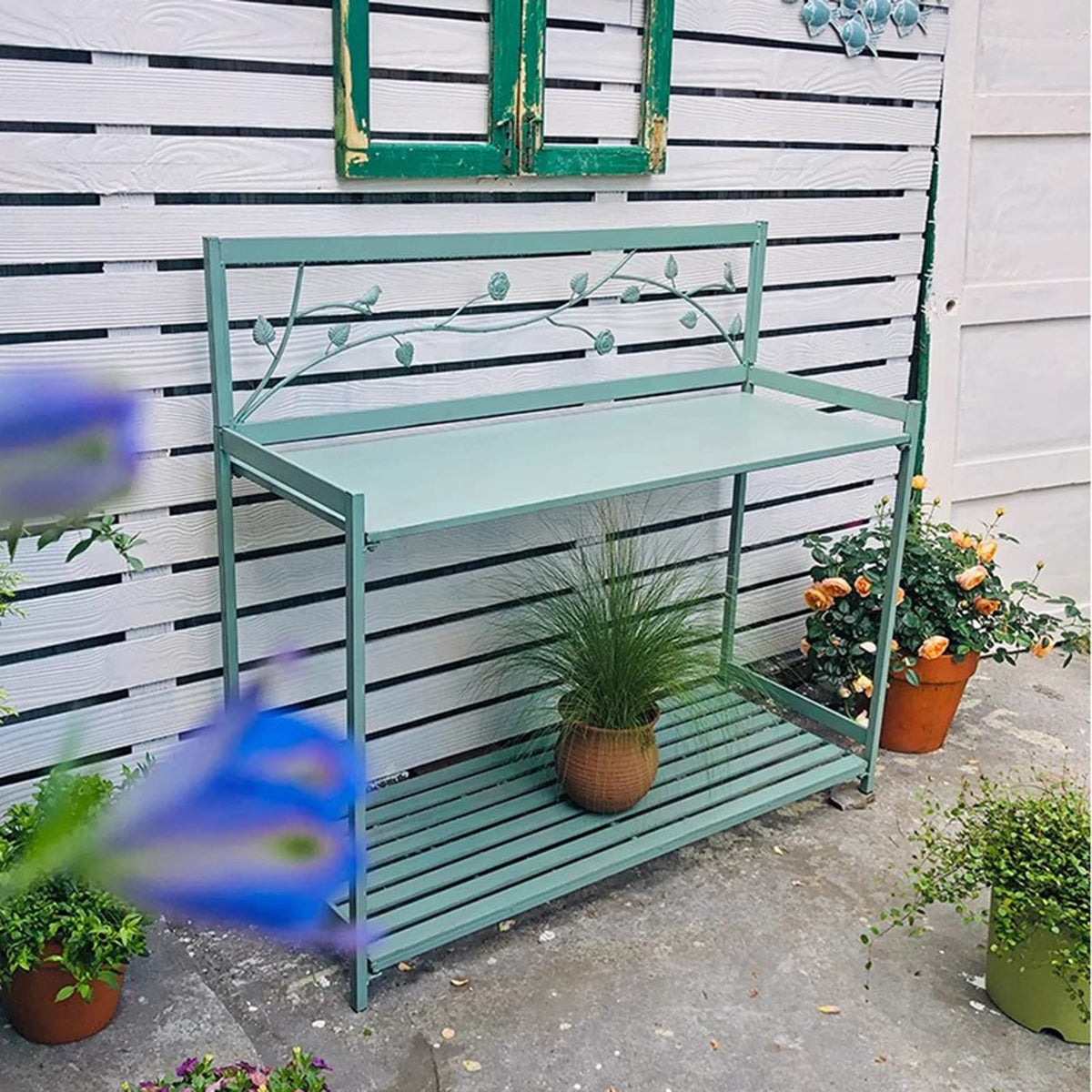 Green Metal Potting Bench with 2-Tier Open Shelf U3872