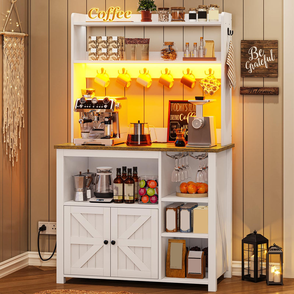 35.4 inch White Bakers Rack with Power Outlet and Storage D28717