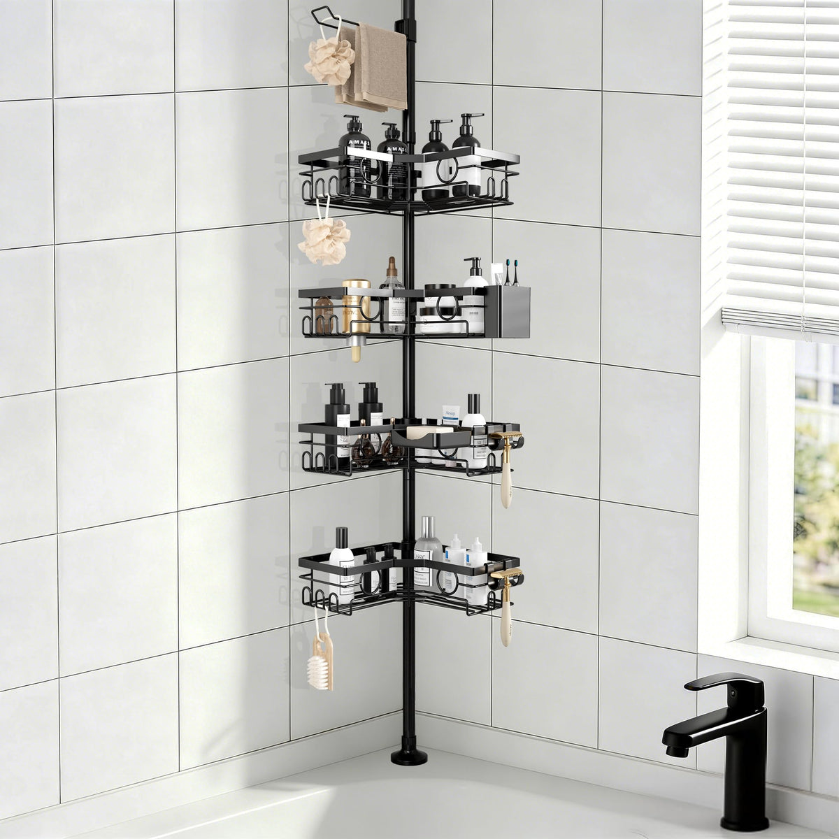 Black 4-Tier Adjustable Corner Shower Caddy D846