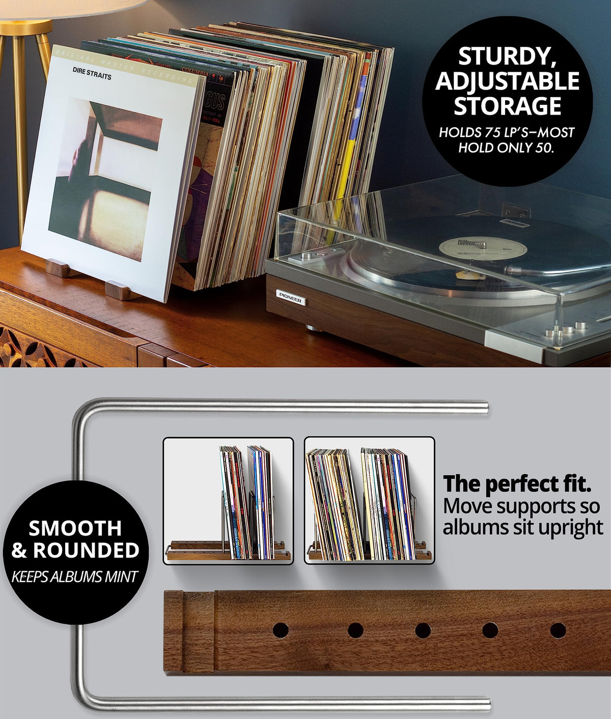 Vinyl Record Storage Holder, 75 LPs, Walnut & Steel R6462