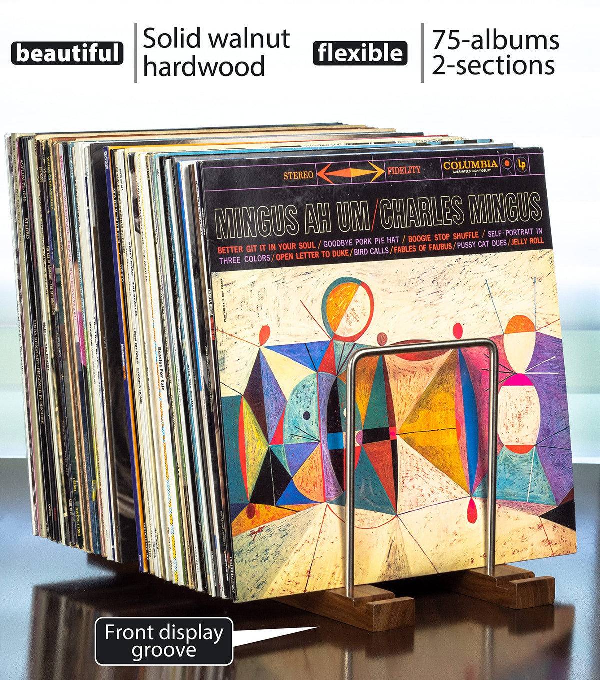 Vinyl Record Storage Holder, 75 LPs, Walnut & Steel R6462