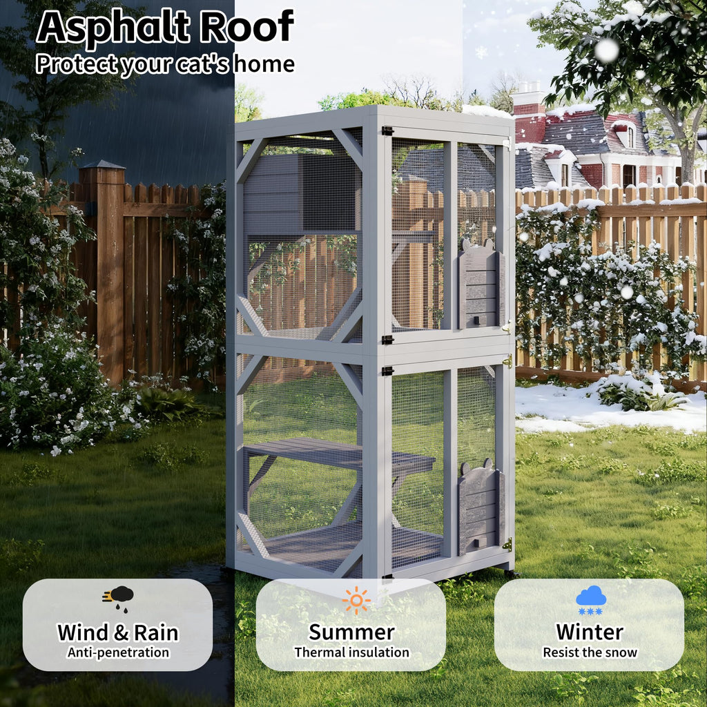 Wooden Outdoor Cat Enclosure on Wheels with Cat House V24215