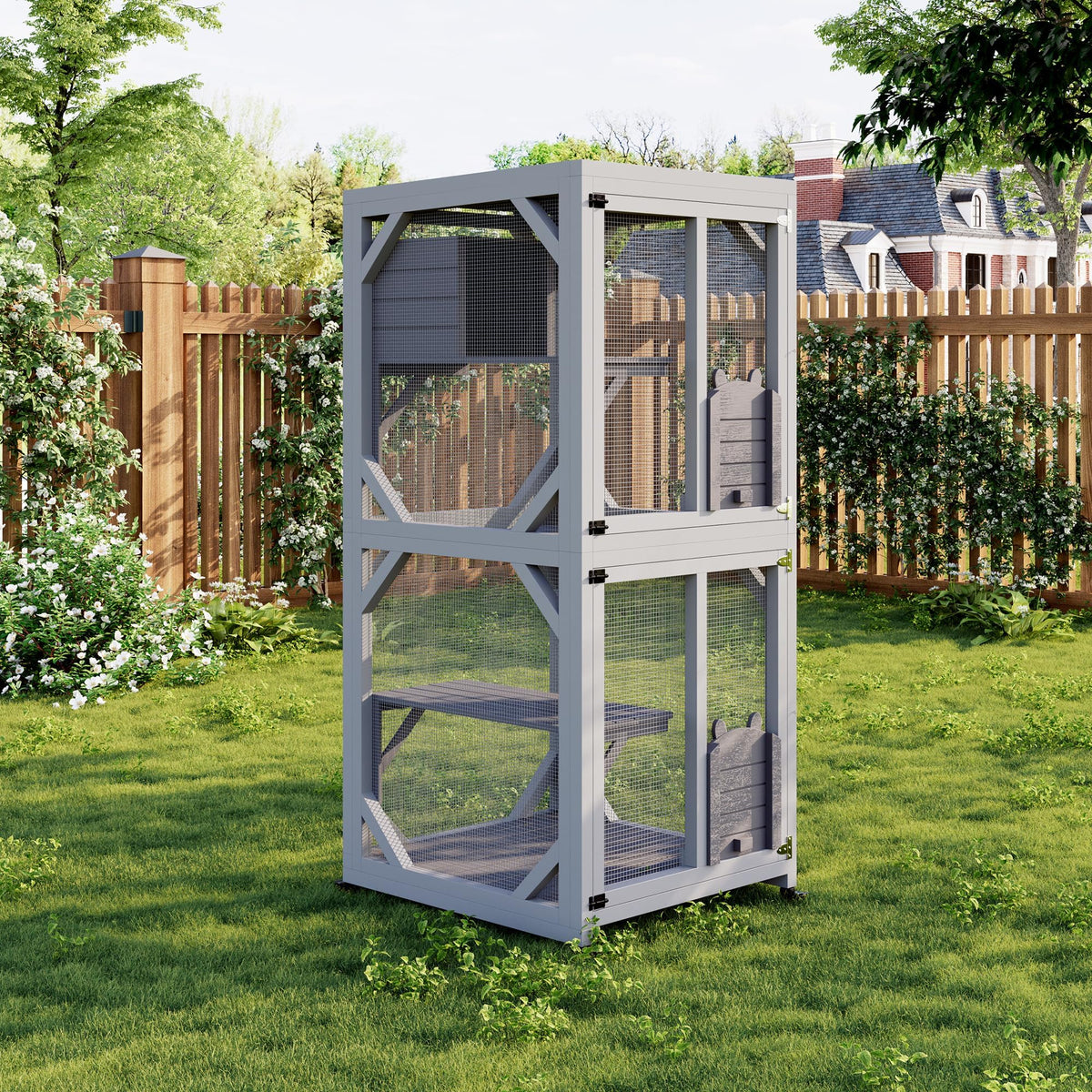Wooden Outdoor Cat Enclosure on Wheels with Cat House V24215